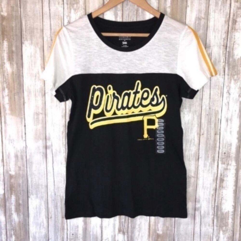 Pittsburgh Pirates Colorblock Tee Womens S NWT Black Gold MLB Shirt - Picture 1 of 7
